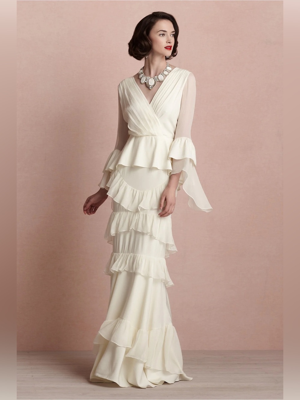 BHLDN Banderole Gown Wedding Sheer Silk Chiffon Boho Cottage Ethereal Ivory Sz 2